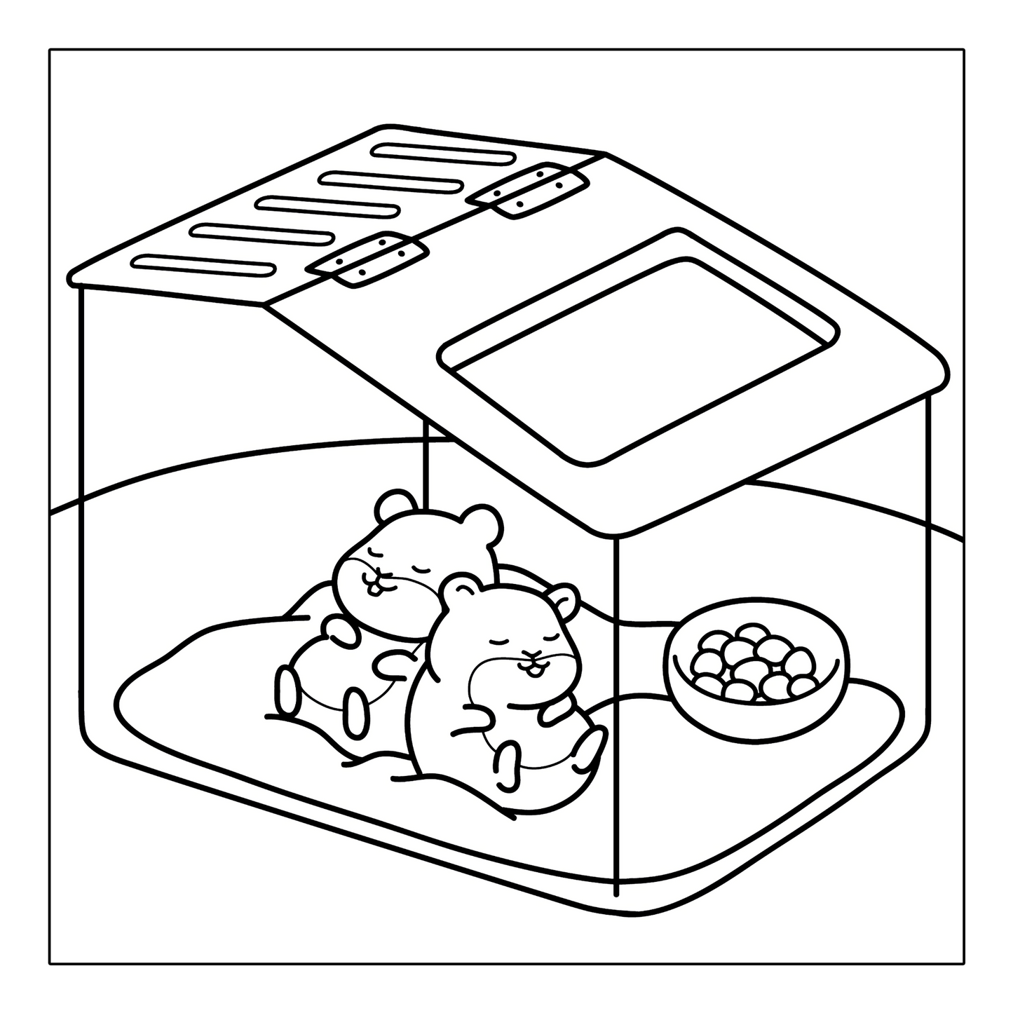 Two hamsters cuddling together in a terrarium coloring page from Cozy Vibes coloring pages