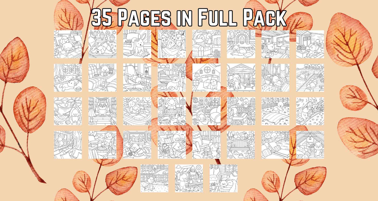Preview grid of all 35 pages in the Comfy Vibes printable coloring book for adults