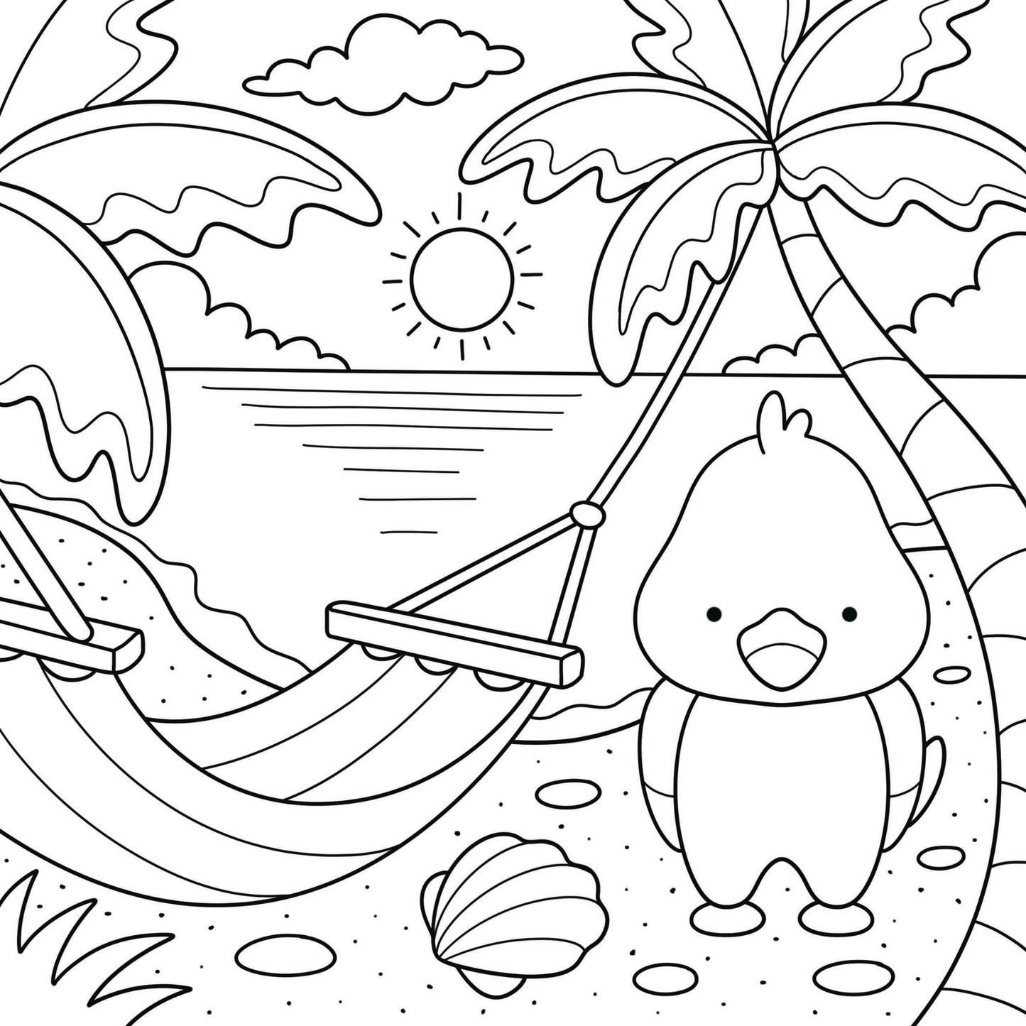 Cute chick relaxing in a beach hammock coloring page, Comfy Vibes printable coloring pages