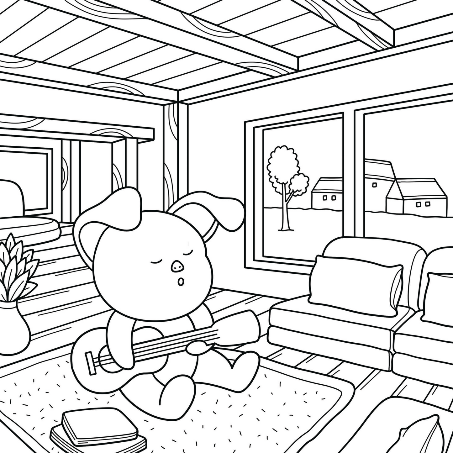 Cozy bunny playing guitar in a living room, coloring page from Comfy Vibes printable pack