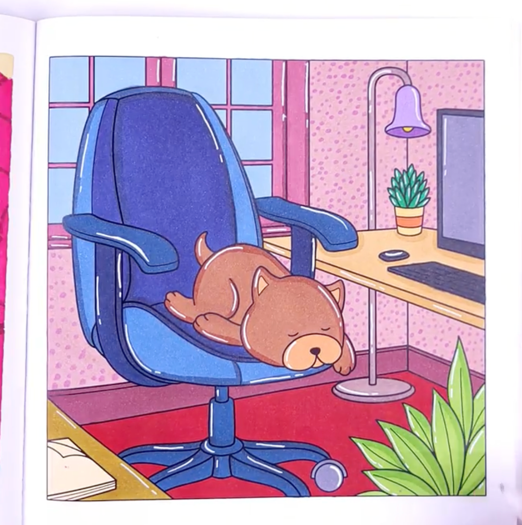 Colored example of a cozy pup napping on an office chair, from Comfy Vibes coloring pages