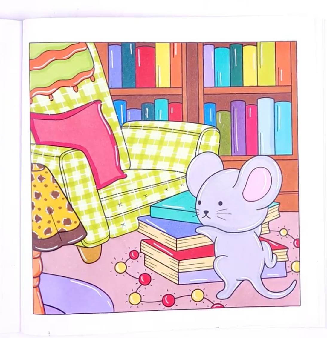 Colored example of a cozy mouse reading nook coloring page from Comfy Vibes coloring pages