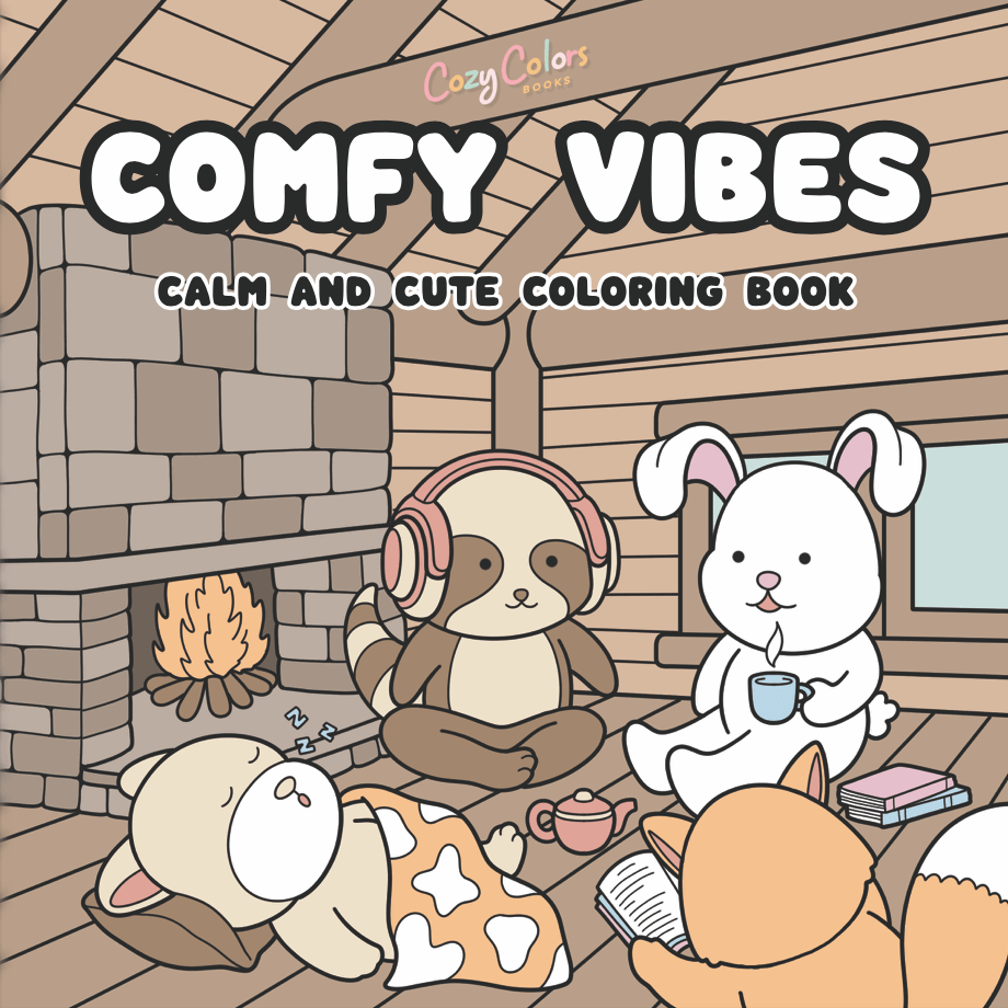 Comfy Vibes cute cozy printable coloring pages for adults, 35 hand-drawn designs