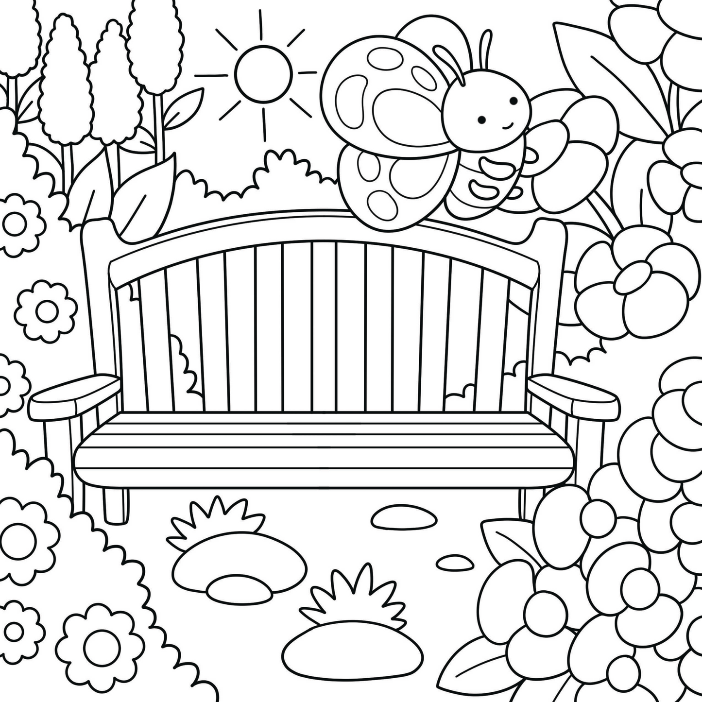 Cute butterfly on a garden bench coloring page from Comfy Vibes printable coloring pages