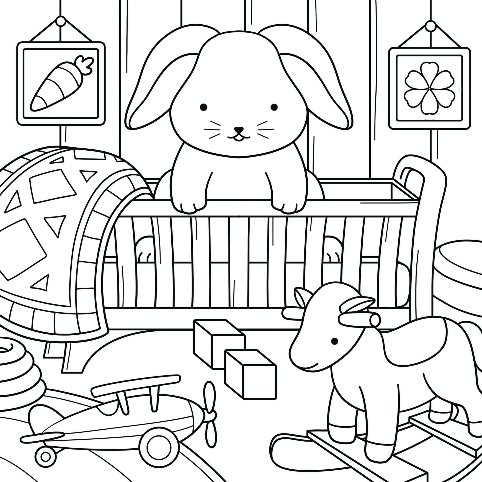 Bunny in a nursery crib coloring page from Comfy Vibes printable coloring pages