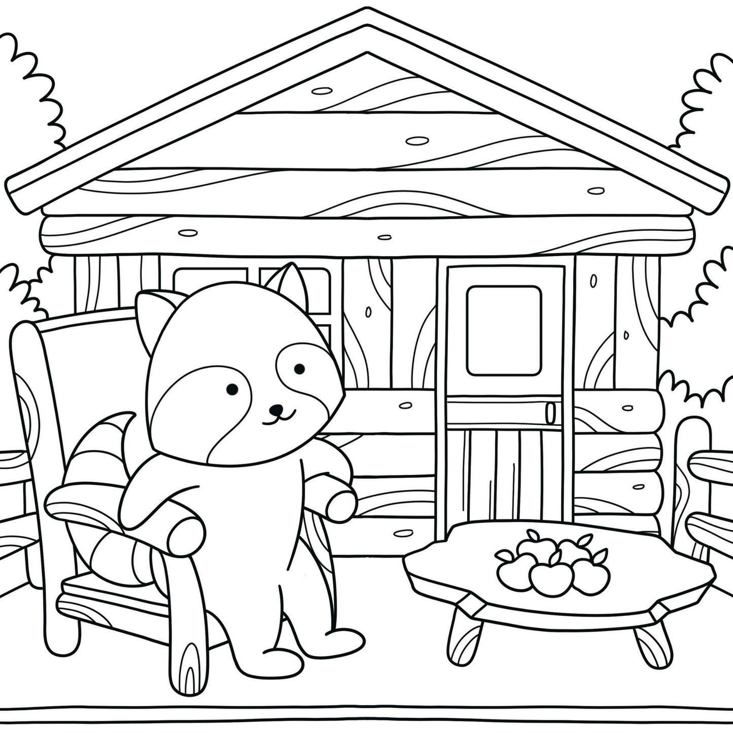 Raccoon relaxing on a cozy cabin porch coloring page, Comfy Vibes printable pack