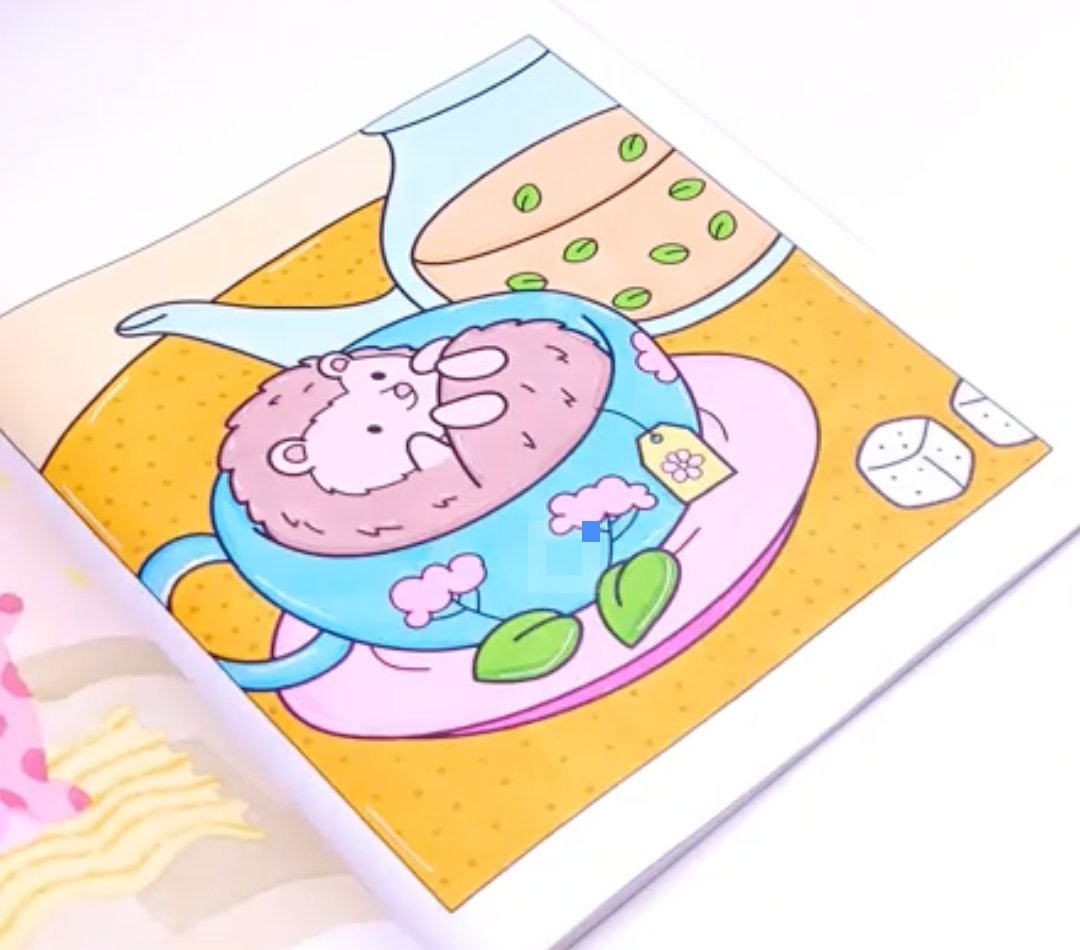 Colored example of the hedgehog teacup coloring page from Cozy Vibes coloring pages
