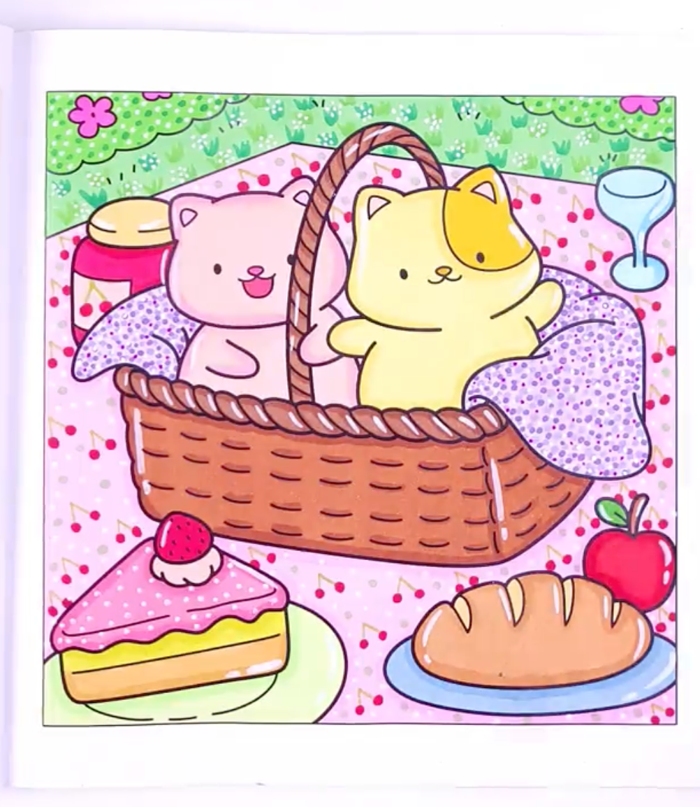 Colored example of the picnic basket cats coloring page from Cozy Vibes coloring pages