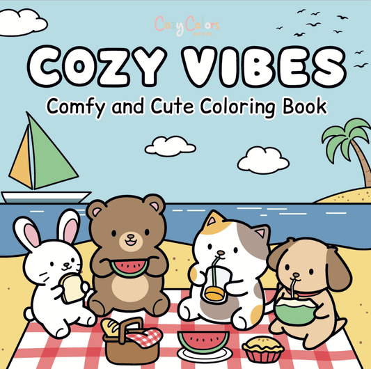 Cozy Vibes cute cozy printable coloring book cover, comfy and cute animal designs for adults