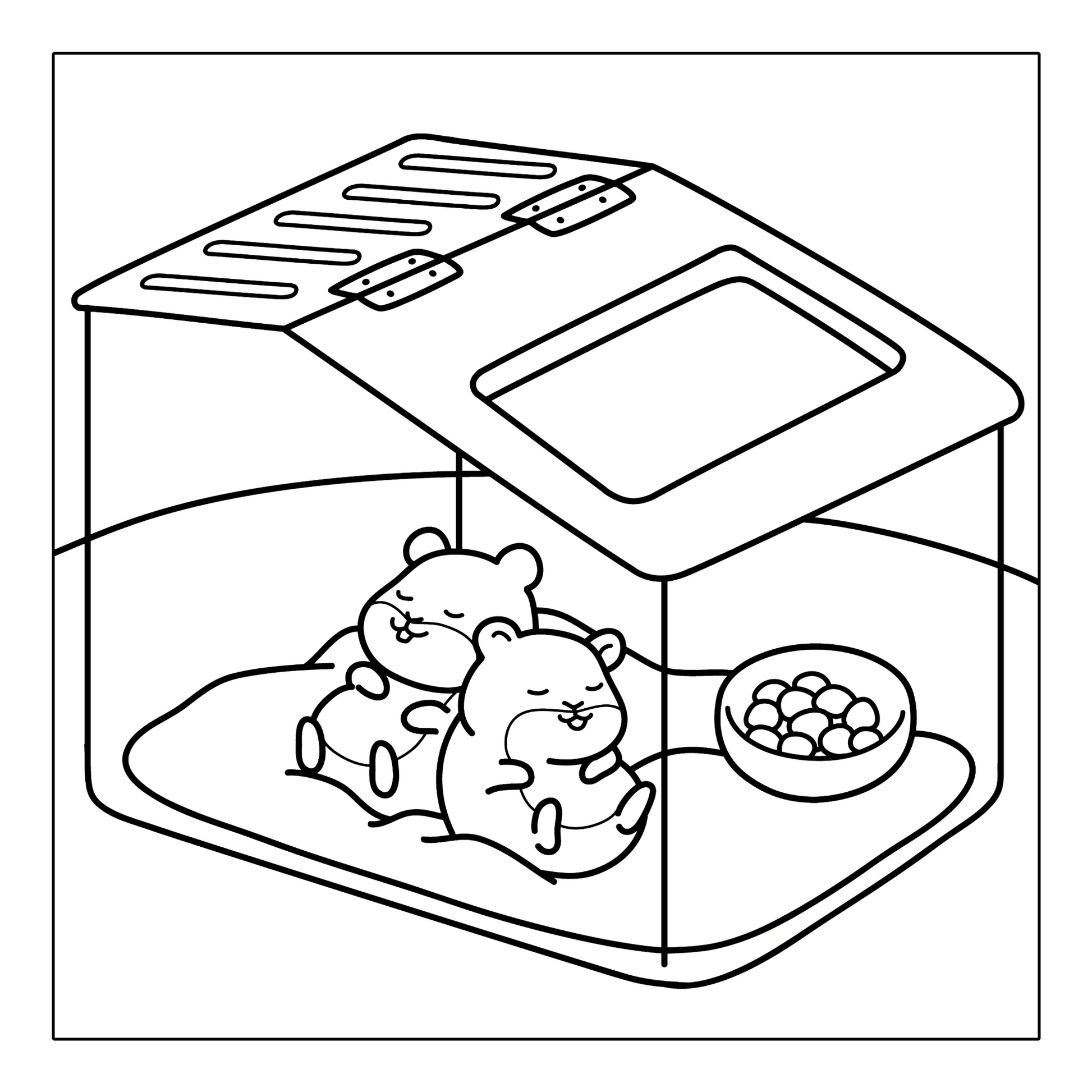 Two hamsters cuddling together in a terrarium coloring page from Cozy Vibes coloring pages