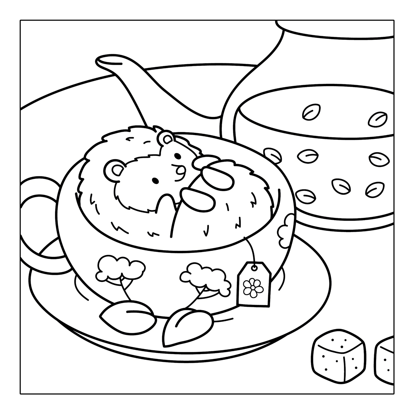 Hedgehog relaxing in a teacup coloring page from Cozy Vibes printable coloring pages