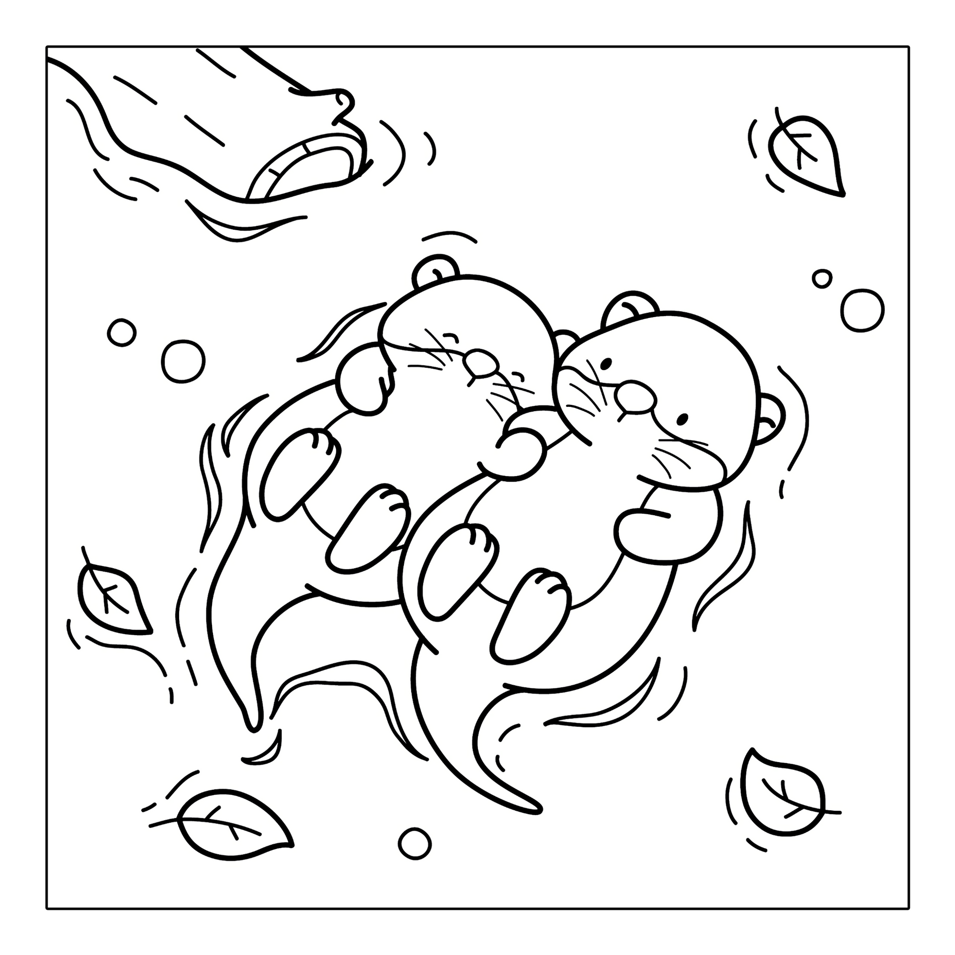 Two otters holding hands while floating, coloring page from Cozy Vibes printable pack