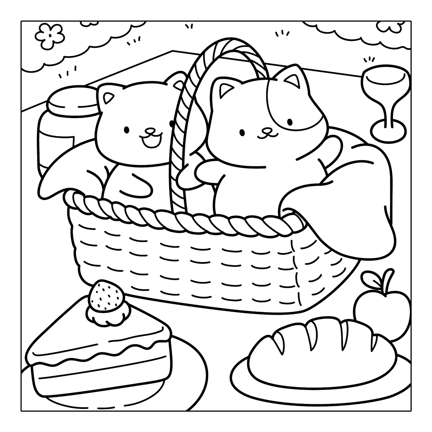 Two cozy cats in a picnic basket coloring page from Cozy Vibes printable coloring pages