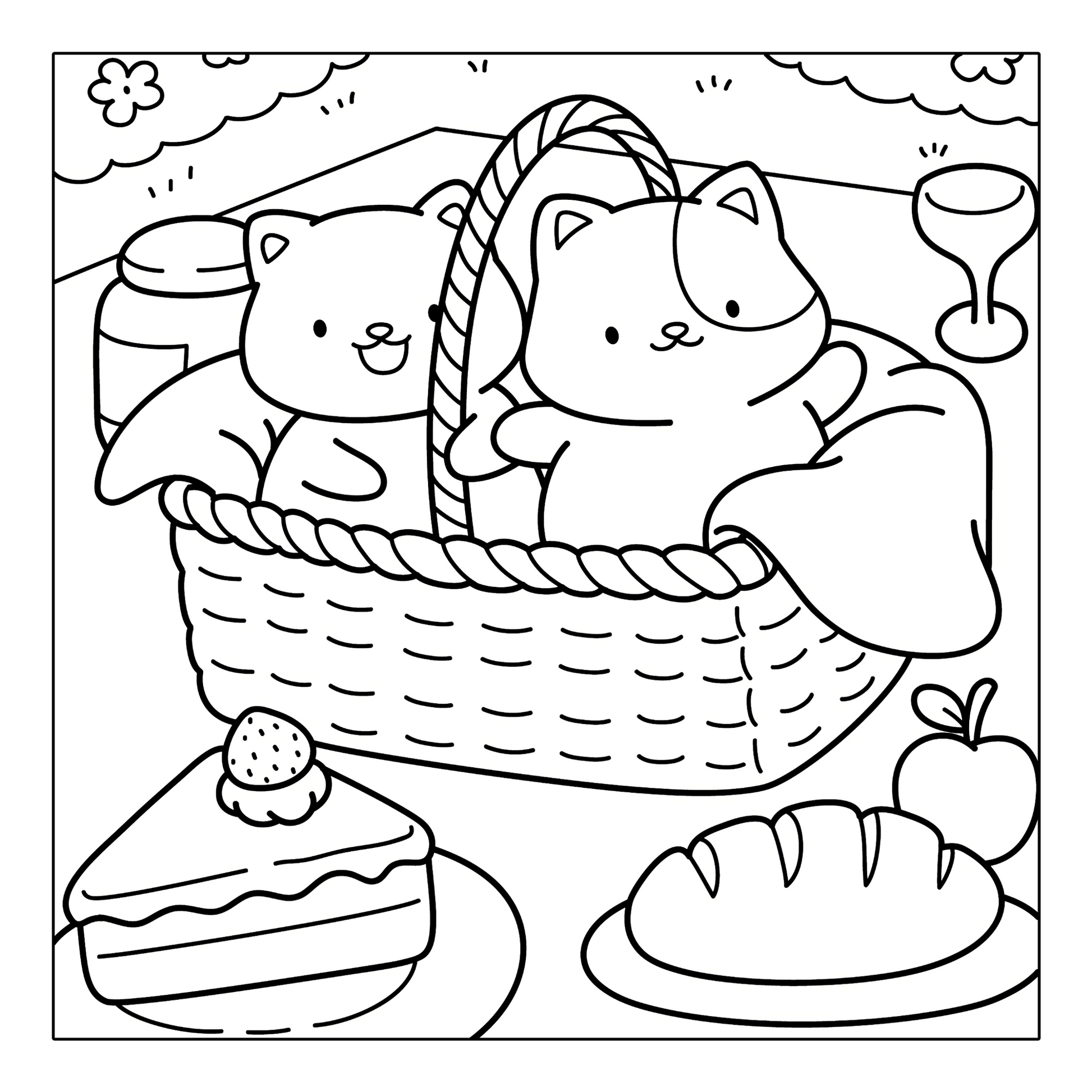 Two cozy cats in a picnic basket coloring page from Cozy Vibes printable coloring pages