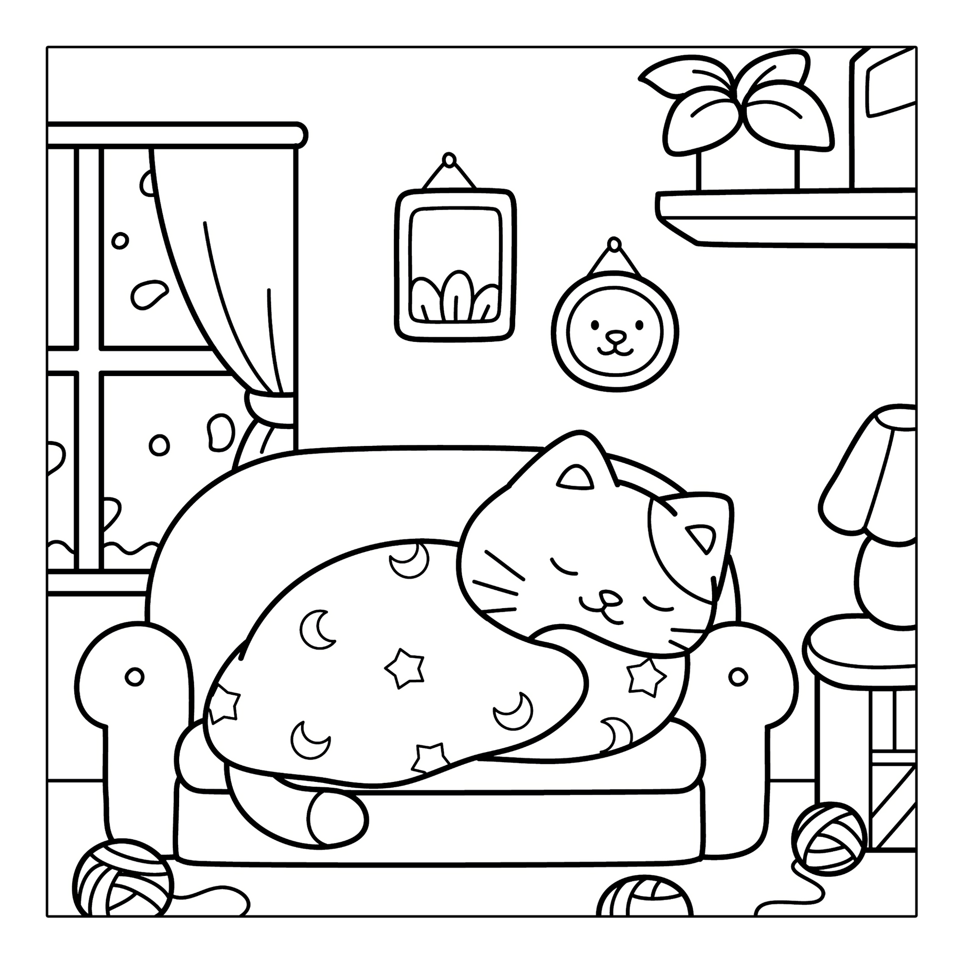 Cozy cat sleeping on a couch under a starry blanket, coloring page from Cozy Vibes